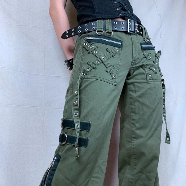 Grunge Jeans Baggy Cargo Style For Women With Zipper Pockets Low Rise Gothic Punk Denim Pants