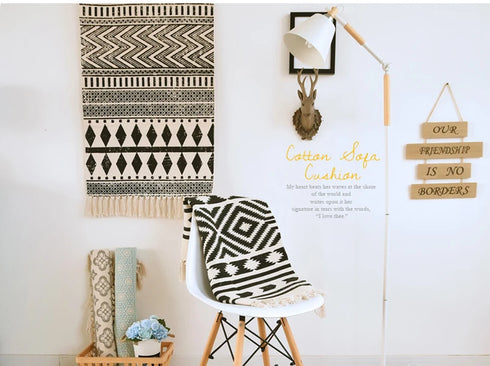 Ethnic Style Woven Linen Cotton Rectangle Rug Mat for Living Room and Bedroom Foot Pad