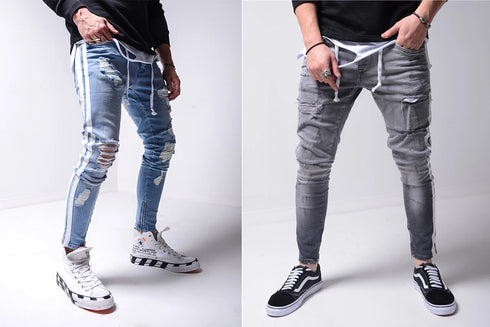 Men's Skinny Denim Biker Jeans with Ripped Pencil Design and Side Stripes - Trendy Hip-Hop Slim Trousers for Stylish Outfits