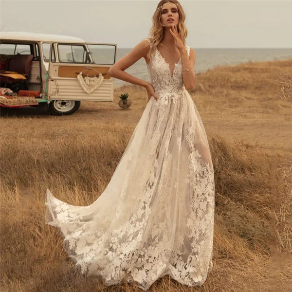 DREAM Customized Lace Boho Wedding Dresses V Neck Backless Gown
