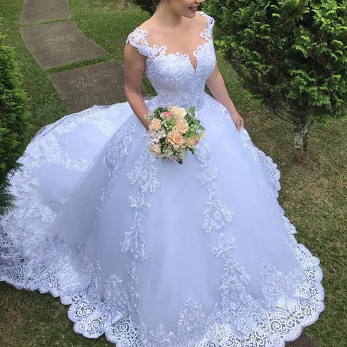 Luxury V-Neck Lace Wedding Gown with Train - Classic Ball Gown Plus Size