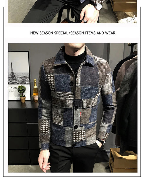 Men's Casual Lapel Hoodless Jacket - Slim Fit Plaid Woolen Coat for Autumn and Winter Fashion