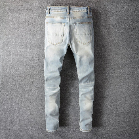 Men's Slim Crystal Ripped Patchwork Denim Pencil Pants for Street Style