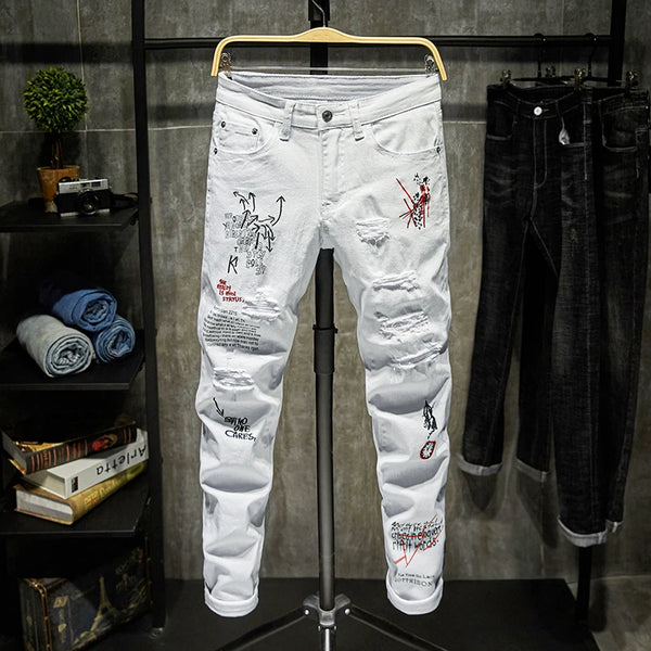 Fashion Trendy Embroidery Letters Men College Skinny Denim Pants