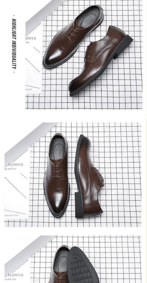 Elegant Pointed Toe Leather Shoes for Business and Casual Wear with Height Increasing Insole and Low Heel Design