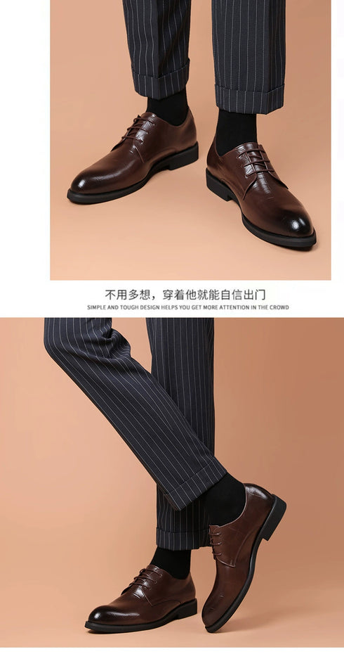 Elegant Pointed Toe Leather Shoes for Business and Casual Wear with Height Increasing Insole and Low Heel Design