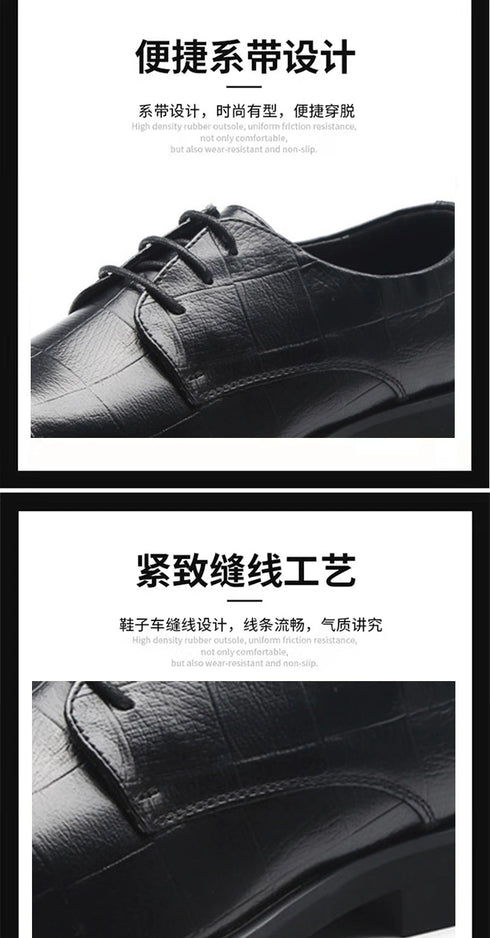 Elegant Pointed Toe Leather Shoes for Business and Casual Wear with Height Increasing Insole and Low Heel Design