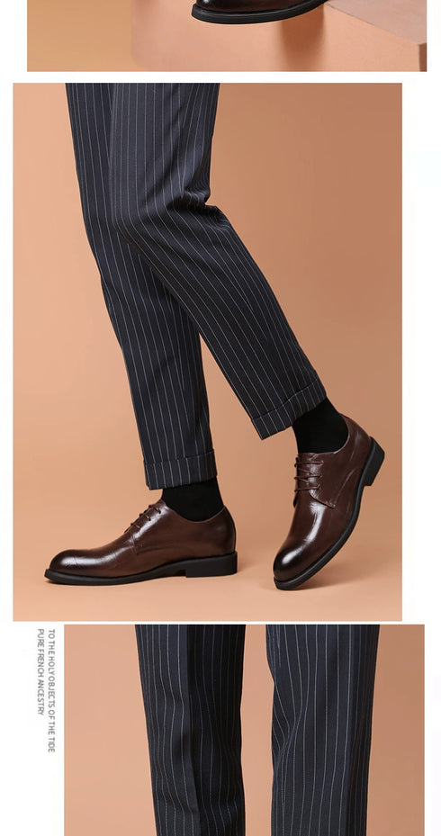 Elegant Pointed Toe Leather Shoes for Business and Casual Wear with Height Increasing Insole and Low Heel Design