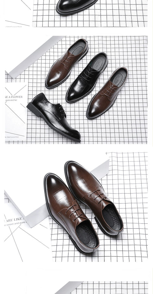 Elegant Pointed Toe Leather Shoes for Business and Casual Wear with Height Increasing Insole and Low Heel Design