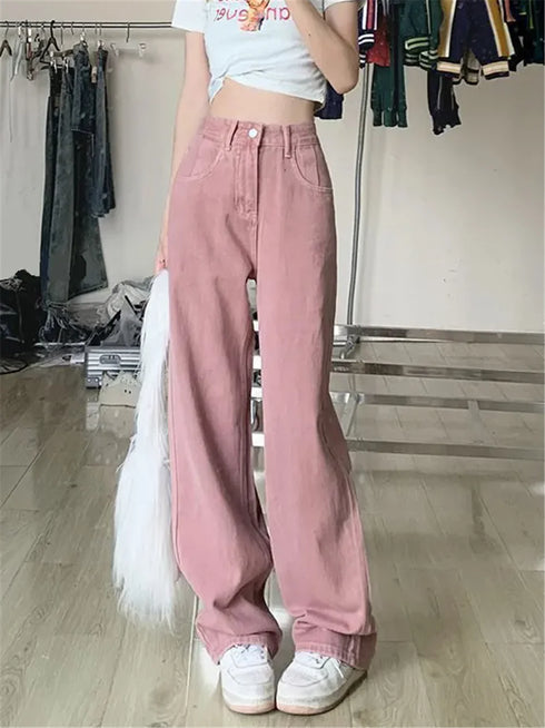 Y2k Pink High Waist Causal Wide Leg Jeans Women Straight Denim Pant