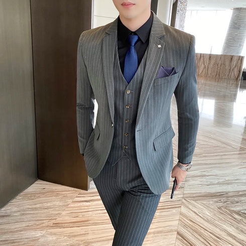 ( Jacket + Vest + Pants ) Prom Groom Tuxedos Male Wedding Suits 3Pcs Set Men's Striped Casual Business Suit