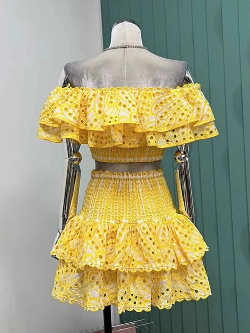 Chic Summer Embroidery Outfit Set for Women: Stylish Slash Neck Ruffled Top & Mini Skirt Ensemble - Perfect for Summer Outfits Inspo