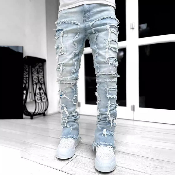 Men's Pants Stretchy Denim Jeans Ripped Holes Slim Fit Style