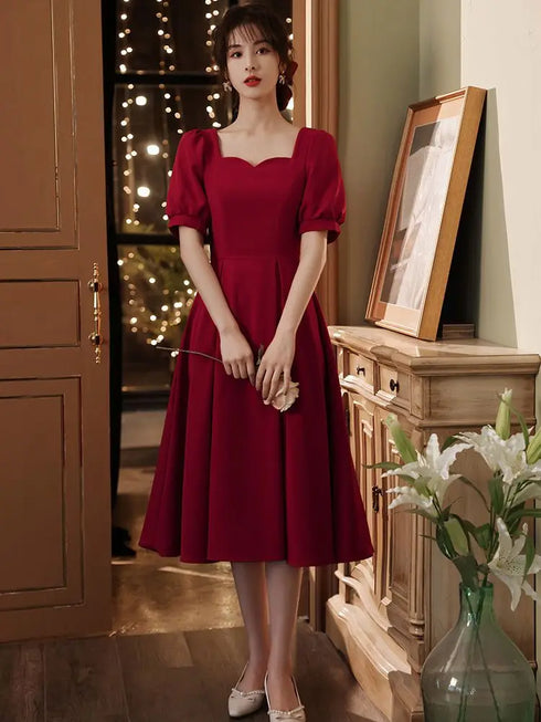 Elegant Red Midi Dress Women Summer Vintage Evening Party Dress Casual Fashion Formal Occasions One Piece Dress