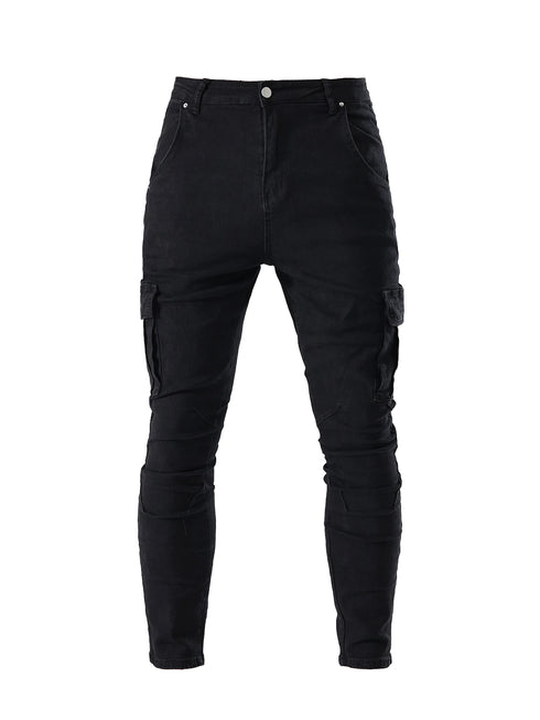Men's Fashion Elastic Slim Fit Cargo Denim Pants Multi Pockets Casual Skinny Trousers