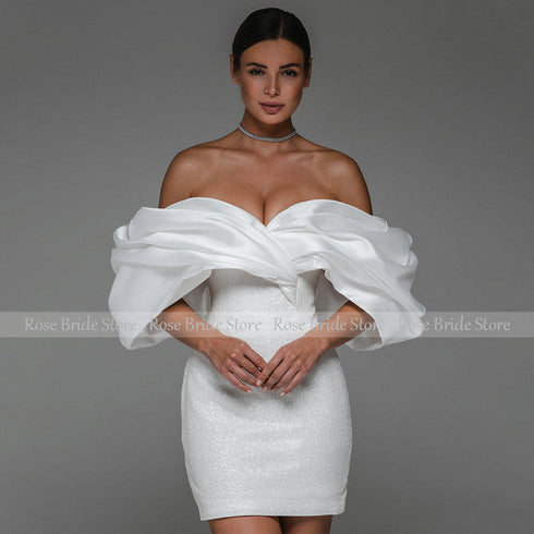 Short Wedding Dress for Bride Off the Shoulder Mini Gown Sheath Backless Glitter Bridal Dress