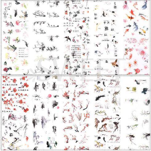 Elegant Chinese Character Nail Art Foils - 10pcs Crane, Bamboo, Gold Fish, and Flower Slider Stickers for Stunning Gel Polish Nail Decoration, Marble Nail Designs, BEDXK12