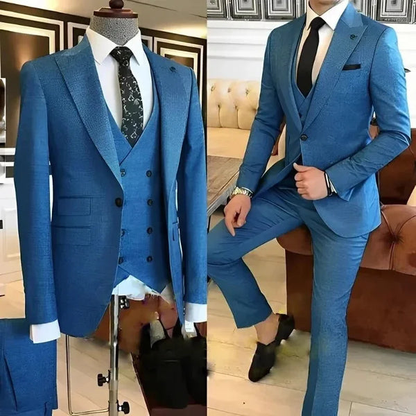 Elegant Blue Men Suits Luxury 3 Piece Jacket Pants Vest Set Slim Fit