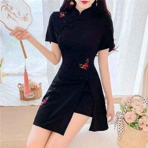 Women's Suit Chinese Style Outfits Matching Crop Top Shorts Two Piece Sets Summer Retro Cheongsam Lady Clothes