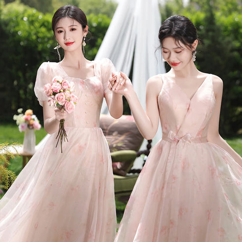 Off Shoulder Bridesmaid Dress Elegant Bubble Sleeve Floral Print Aline Gown For Party