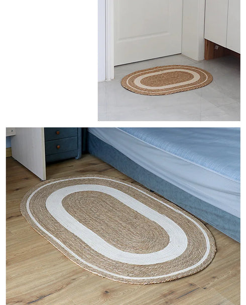 Woven Rattan Round Carpet Natural Straw Rug for Living Room Bedroom Floor Mat