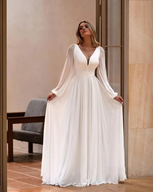 Customized Wedding Dresses for Bride Long Sleeves V Neck Simple Bridal Gown with Pearls