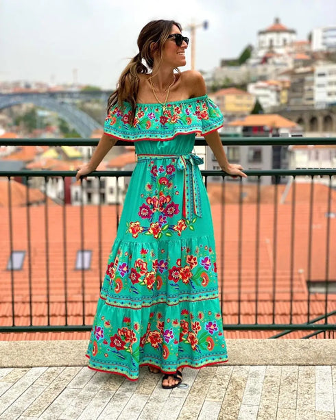 Elegant One-shoulder Short-sleeved Dress For Women Fashion Splicing Floral Print Dresses