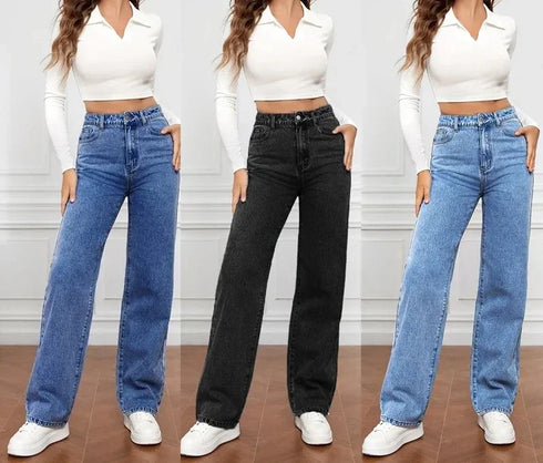 Denim Jeans Women Straight Pants High Waist Loose Basics Ankle Length Y2k Streetwear Slight Stretch