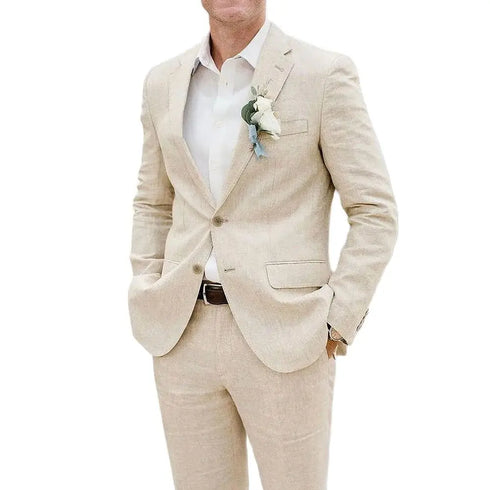 Chic Linen Suits for Men Casual Flat Front Single Breasted Blazer and Pants Outfit