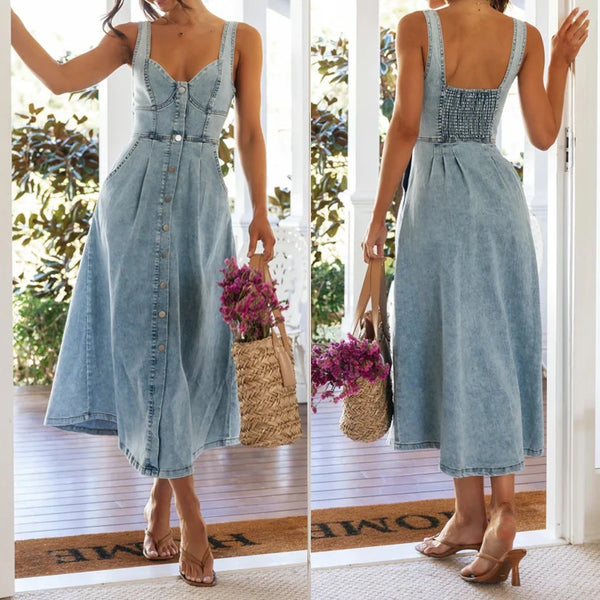 Women Dress Denim Long Dresses Sling Sleeveless V Neck Elegant Splice Slim Fit High Waist Backless Fashion