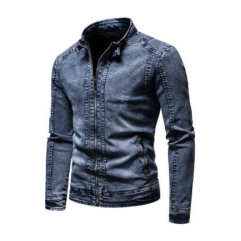 Men's Retro Slim Fit Jean Jacket with Stand Collar for Autumn and Winter - Stylish Casual Motorcycle Outerwear