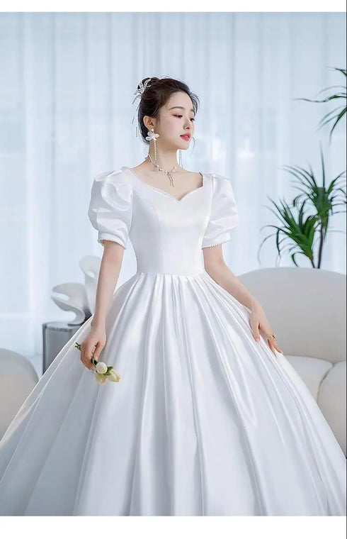 Vintage Princess Wedding Dress Satin Gown with Beading Plus Size