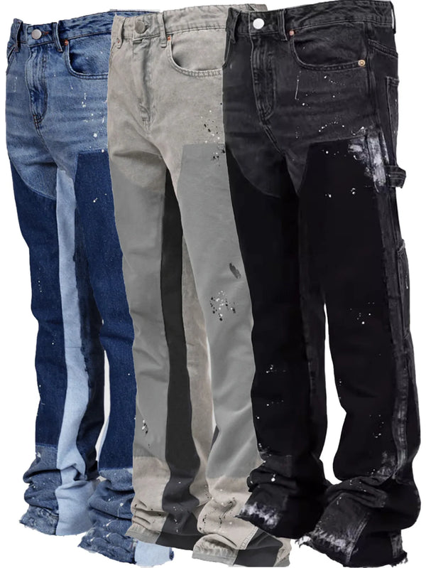 Hand-Painted Black Men's Stacked Flared Pants Casual Denim Outwear