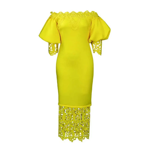 Trend Fashion Lace Midi Dress Women Off-Neck Bodycon Style