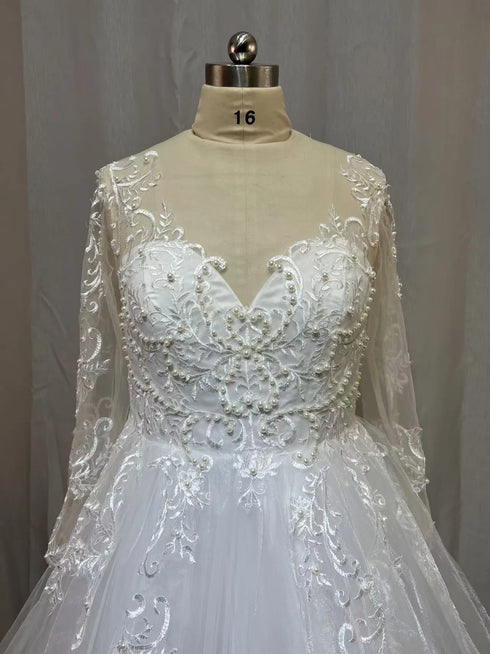 Customized Lace Wedding Dress with Sheer Long Sleeves A-Line Gown