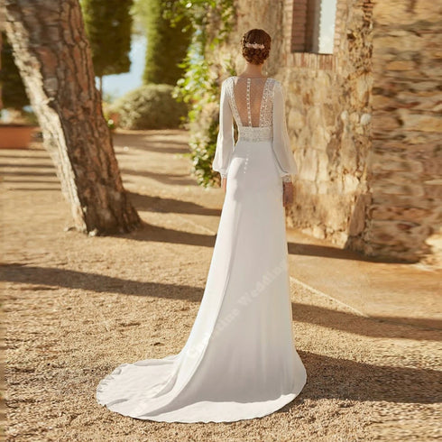 Backless Mermaid Wedding Dress Customized With Deep V Back And Long Sleeves, Floor Length Satin Gown