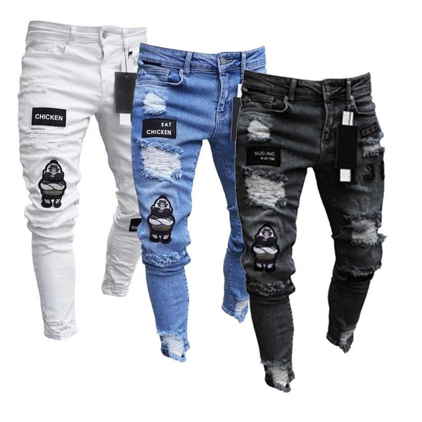 Embroidered Ripped Skinny Jeans for Men - Stretchy Denim Pants with Oversized Fit