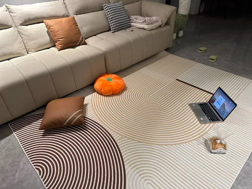 Minimalist Beige Art Stripe Carpet Soft Large Area Rug for Bedroom and Living Room Decor