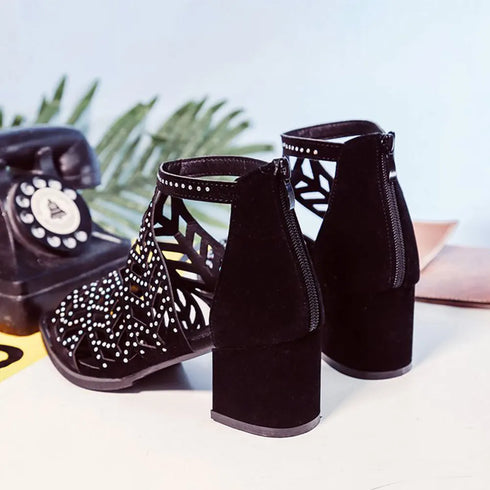 Rhinestone Faux Leather Hollow Out Thick Heel Sandals