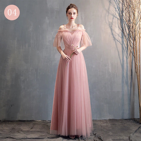Bridesmaid Dress Tea-Length Tulle With Built-In Bra, V-Neck Pleated Design For Prom And Wedding Dress