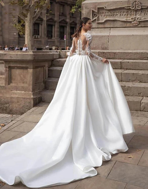 Elegant Satin Wedding Dresses Long Sleeve Lace Bride Gowns