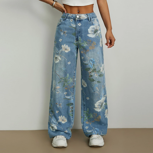 Baggy Denim Jeans Floral Print Harajuku Style Loose Wide Leg Trousers For Women Casual