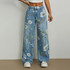 Baggy Denim Jeans Floral Print Harajuku Style Loose Wide Leg Trousers For Women Casual