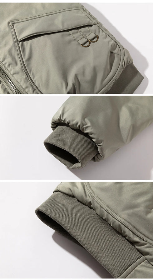 Men's Solid Bomber Jacket - Vintage Retro Military Style Motorcycle Parka - Thick Windbreaker with Pockets for Autumn and Winter Casual Wear