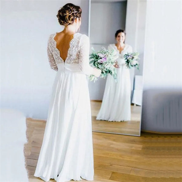 Boho Chiffon Backless V-Neck Wedding Dress With Lace Bodice Three Quarter Sleeve Beach A-Line