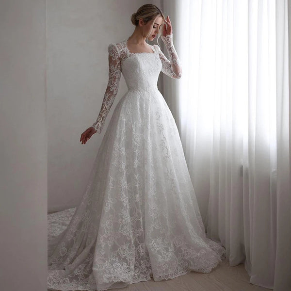 A-Line Lace Long Sleeve Floor-Length Wedding Dress Boho Vintage Beach Gown For Brides And Ceremonies
