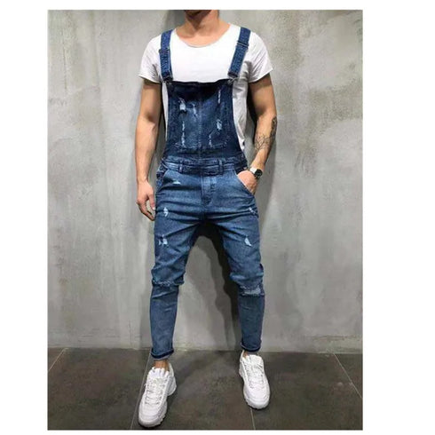 Fashionable Men's Ripped Denim Overalls - Trendy High Street Cargo Bib Jumpsuits for Hip Hop Style and Casual Outfits
