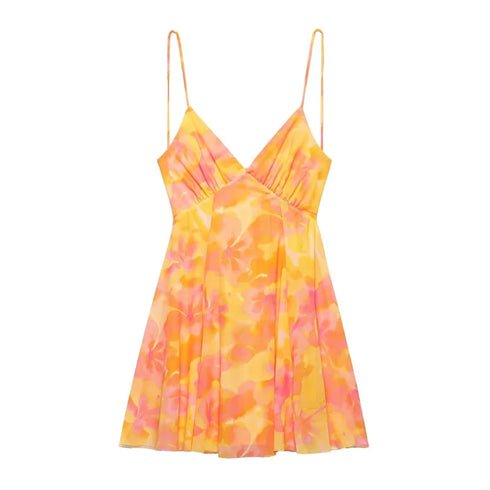TRAF Women's Vacation Style Printed Silk Mesh V Neck Halter Mini Dress