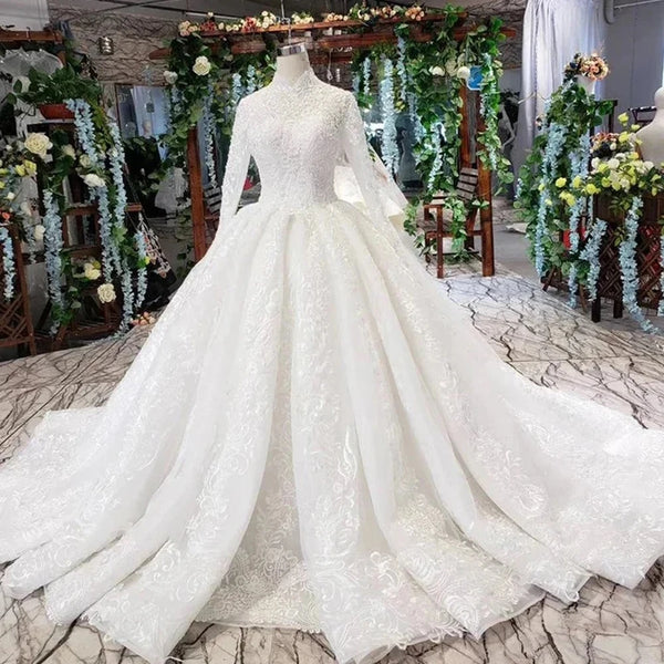 Beaded Sequined Long Sleeve High Neck Ball Gown With Lace Appliques Wedding Dress