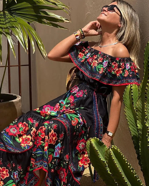 Elegant One-shoulder Short-sleeved Dress For Women Fashion Splicing Floral Print Dresses